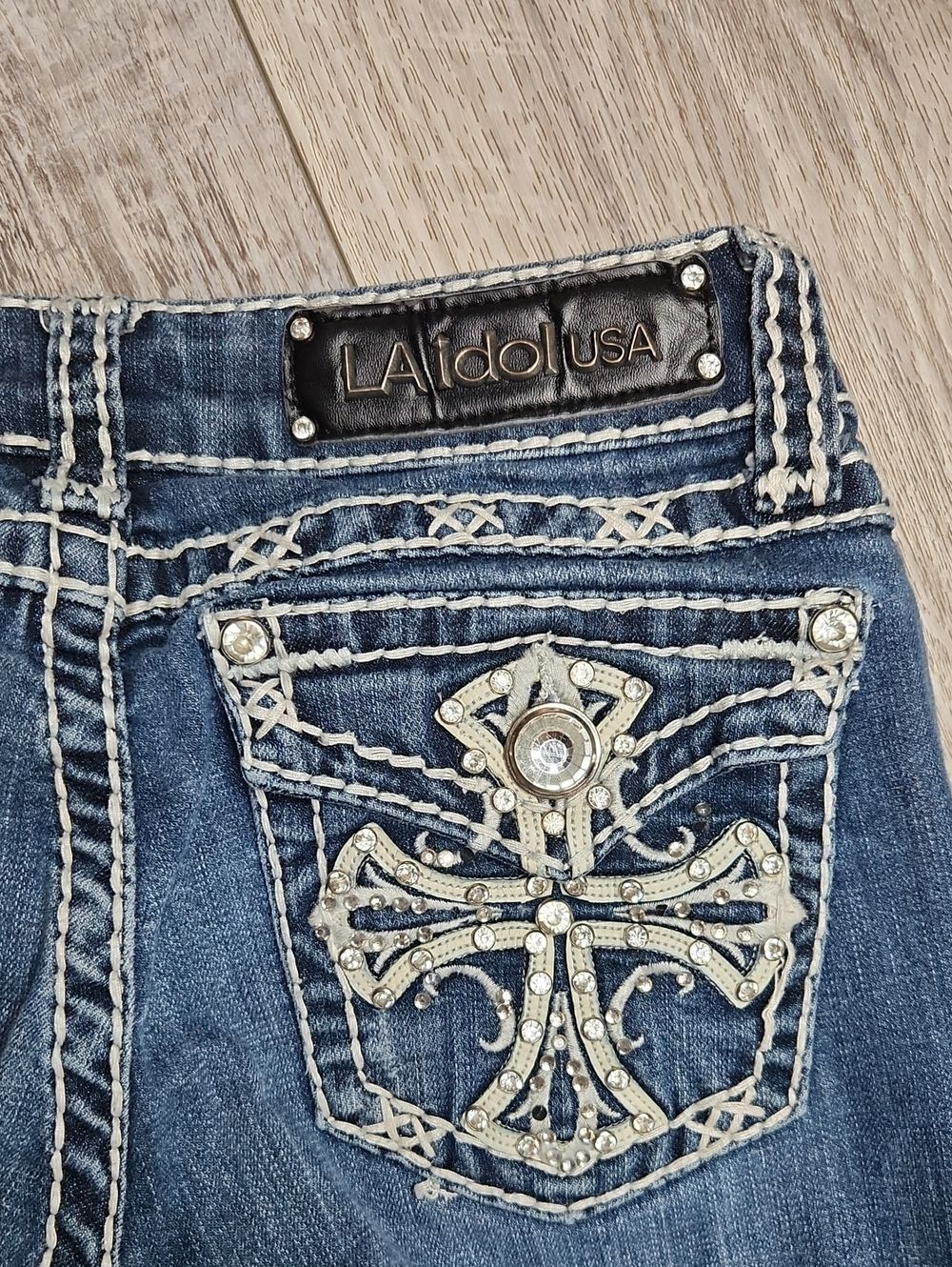 L.A. idol USA Women's Bedazzled Embellished Cross Pocket Jeans Y2K Long